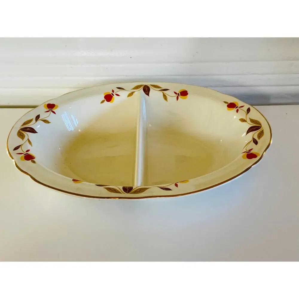 VINTAGE 1930s Hall China Mary Dunbar Autumn Leaf Divided Oval Vegetable Bowl